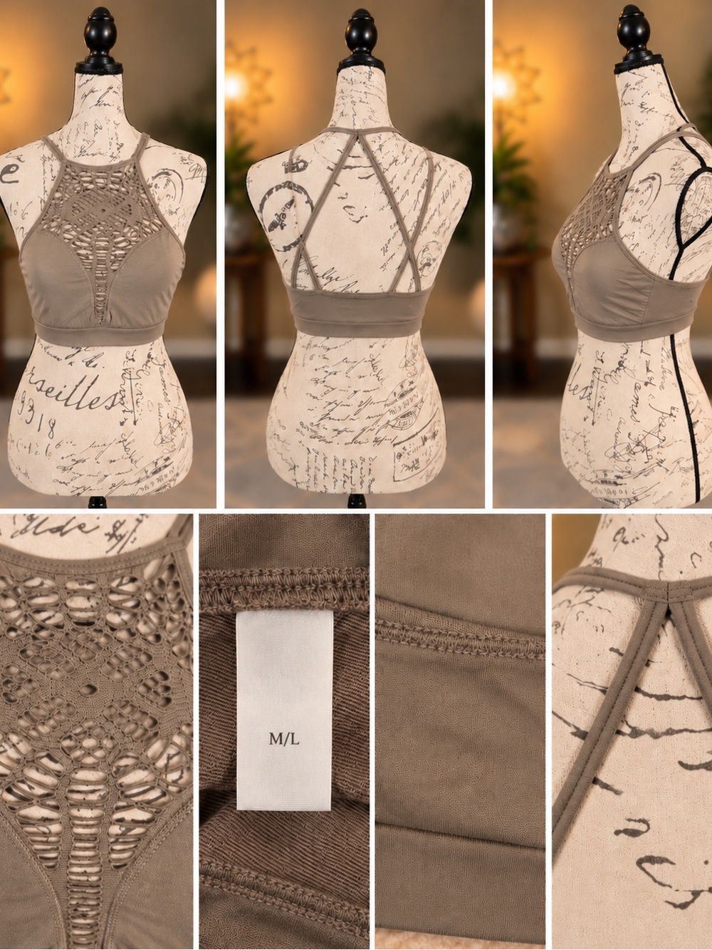 Taupe Crochet High Neck Bralette Strappy Back Boho M/L